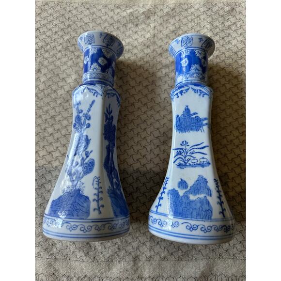 2 China Chinese Blue & White Porcelain Candlesticks Bamboo Prunus & Fungi pair - Picture 12 of 16
